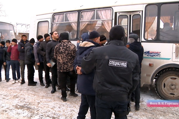 Несколько автобусов мигрантов полицейские вывезли с Овощебазы №4 и стройки в Чкаловском районе - Фото 1