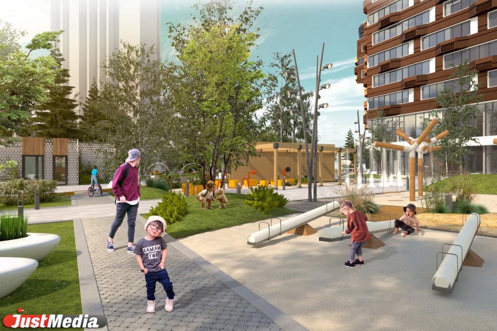 Амфитеатр, сенсорная игровая площадка и лаунж-зона с гамаками. Смотрим, как будет выглядеть сквер рядом с новым МФК на Октябрьской площади - Фото 1