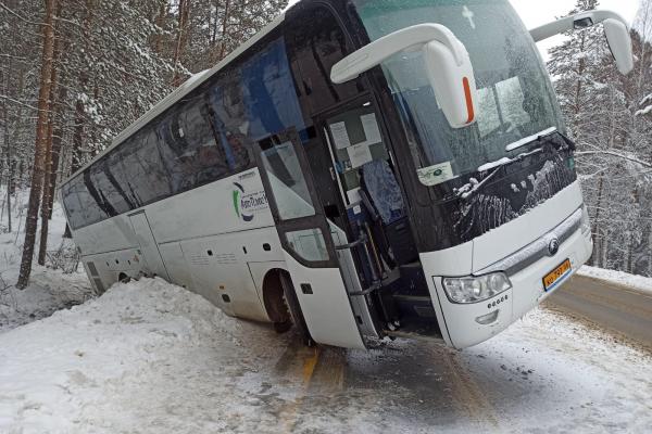 На трассе под Невьянском водитель автобуса сбил пешехода и съехал в кювет - Фото 1